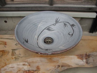 画像2: 真山窯　陶芸手洗い鉢　鼡志野草紋　３１ｃｍ　中