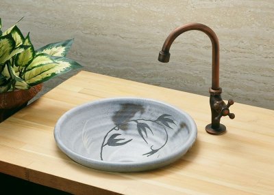 画像3: 真山窯　陶芸手洗い鉢　鼡志野草紋　３１ｃｍ　中