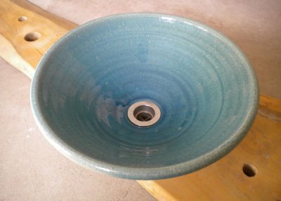 画像1: 真山窯　陶芸手洗い鉢　ブルーガラス　３１ｃｍ　中