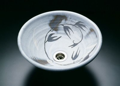 画像1: 真山窯　陶芸手洗い鉢　鼡志野草紋　３１ｃｍ　中