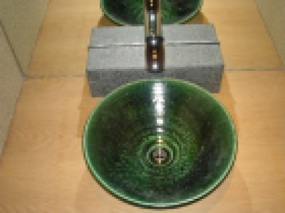 画像1: 真山窯　陶芸手洗い鉢　織部　３１ｃｍ　中