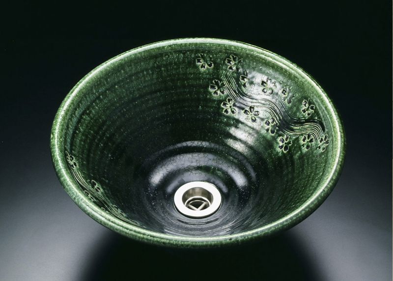 真山窯 陶芸手洗い鉢 織部彫刻 ３１ｃｍ 中 廣美陶房